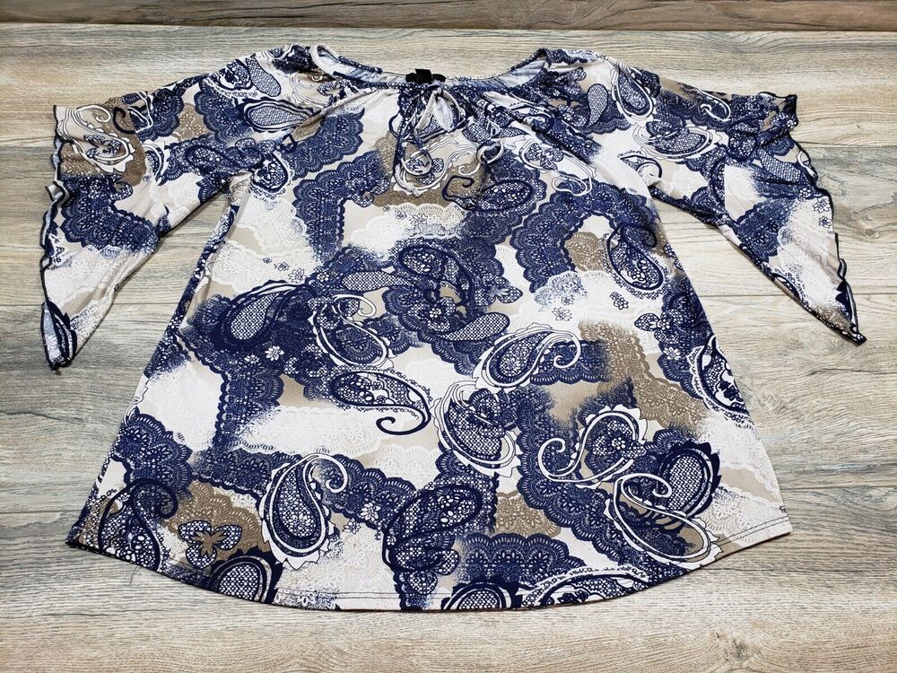 Espresso Womens L Blue Paisley Butterfly Flare Sleeve Blouse Y2K Boho